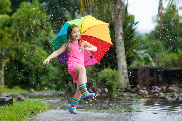 istock Kid with umbrella playing in summer rain. 1061039834