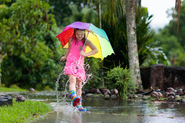 istock Kid with umbrella playing in summer rain. 1061043728