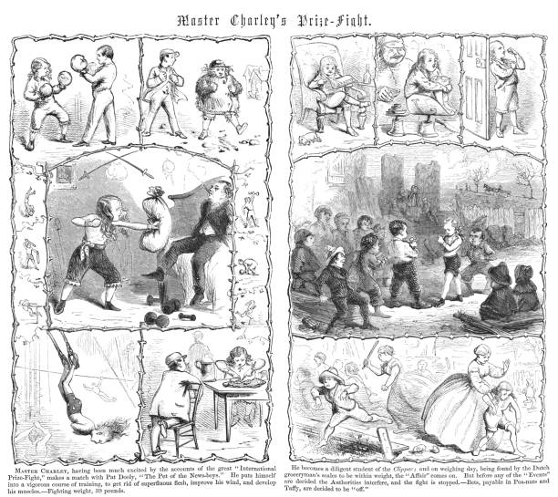 Master Charley's Prize Fight Comic Strip Cartoon (19th Century) Master Charley's prize fight comic strip style cartoon, image series depicting a little boy's training like a boxer for a schoolyard fight (circa mid 19th century). Vintage etching circa mid 19th century. schoolyard fight stock illustrations