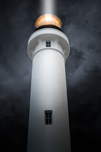 Lighthouse storm with ray beam: Point Arena Lighthouse in northern California