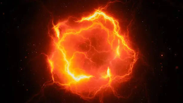 Fiery glowing high energy lightning, computer generated abstract background, 3D rendering
