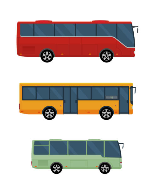 ilustraciones, imágenes clip art, dibujos animados e iconos de stock de tres autobuses aislados sobre fondo blanco. - bus door