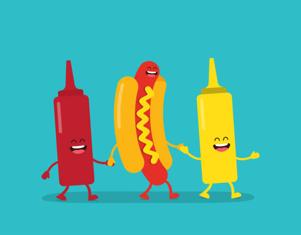 빠른 음식입니다. 핫도그, 케첩 및 겨자 - hot dog snack food ketchup stock illustrations