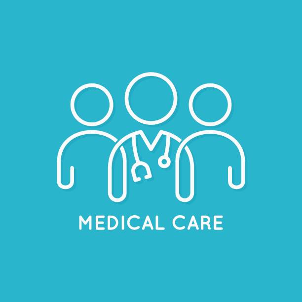lekarz zespół ikona linii koncepcji medycznej na niebieskim tle - doctor healthcare and medicine human resources teamwork stock illustrations