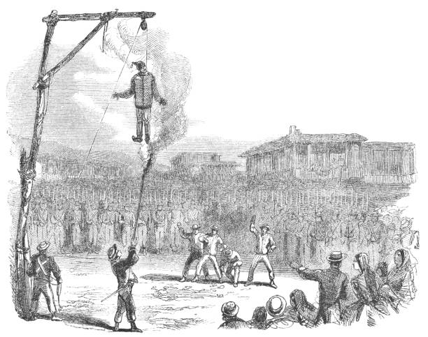 The Burning of Judas Easter Ritual in San José, Costa Rica (19th Century) Large crowd of people ritually hanging and burning an effigy of Judas at Easter in San José the capital city of Costa Rica (circa mid 19th century). Vintage etching circa mid 19th century. judas stock illustrations