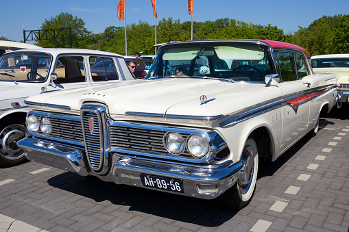 DEN BOSCH, THE NETHERLANDS - MAY 10, 2016: Vintage white 1959 Ford Edsel classic car parked in the car park.