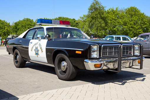 Rosmalen, Netherlands - May 8, 2016: Vintage American 1978 Dodge Monaco California Police Highway Patrol car on the parking lot.