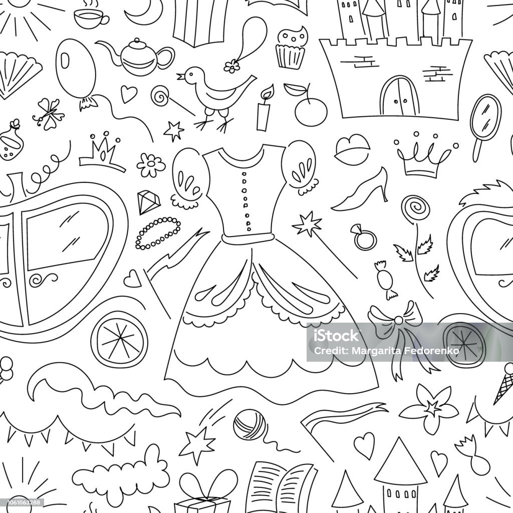 Vector Seamless pattern with different princess elements: dress, carriage, castle etc Seamless pattern with different princess elements: dress, carriage, castle, sweets, magic wand etc. Vector illustration made in doodle style. Print for fabric, clothes, apparel, card, packaging design Art stock vector