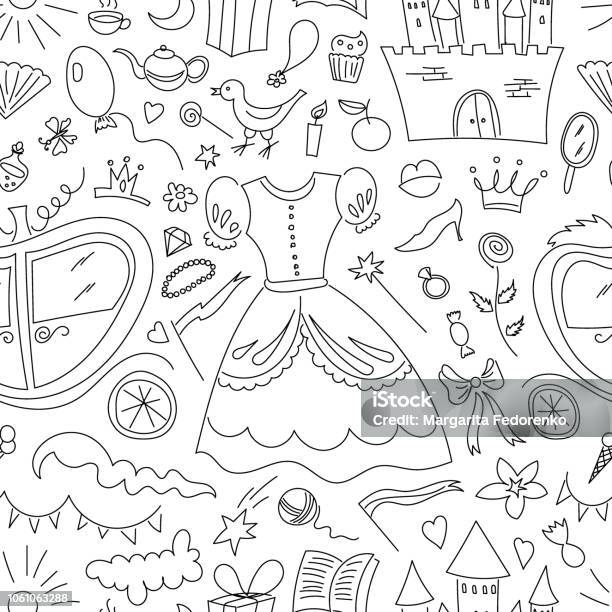 Vector Seamless Pattern With Different Princess Elements Dress Carriage Castle Etc Stock Illustration - Download Image Now