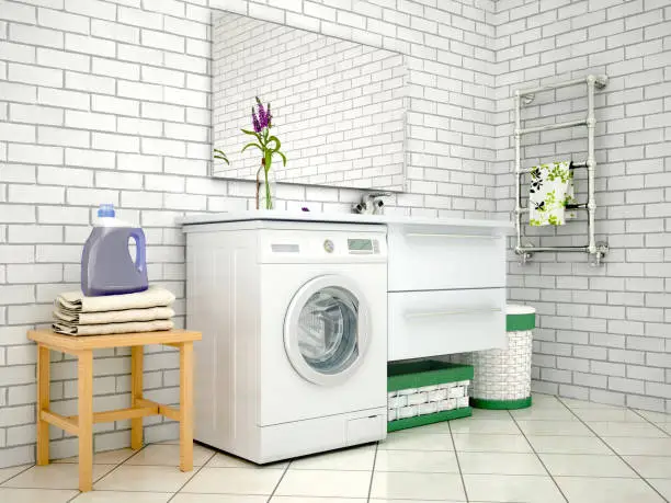 Photo of White bathroom with washing machine. 3d illustration