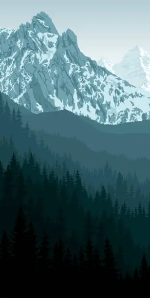 Vector illustration of vector morning peack in mountain woodland landscape