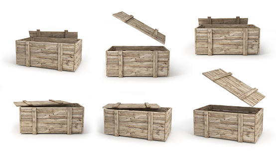 wooden boxes in different view isolated on a white. 3d illustration