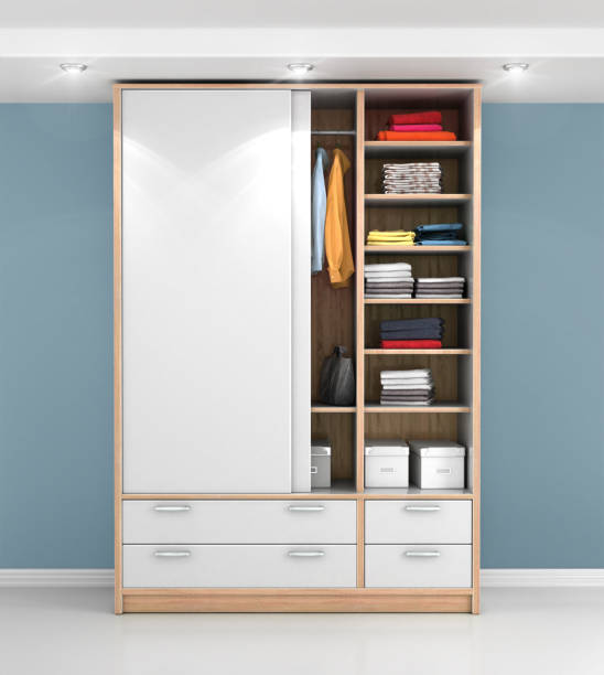 istock white cabinet with things in the room on the wall background. 3d illustration 1061069278