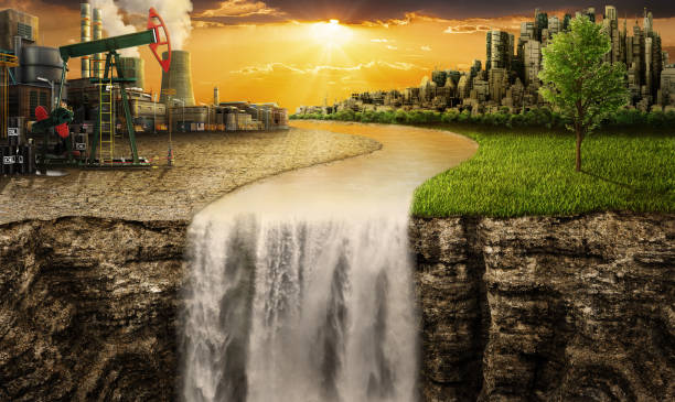 istock Eco concept. One side is nature with future city, different side is plant and dry ground with oil pump. Harmony. 1061069456