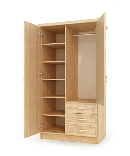 Photo of empty wooden cabinet with open doors, shelves and drawers. 3d illustration