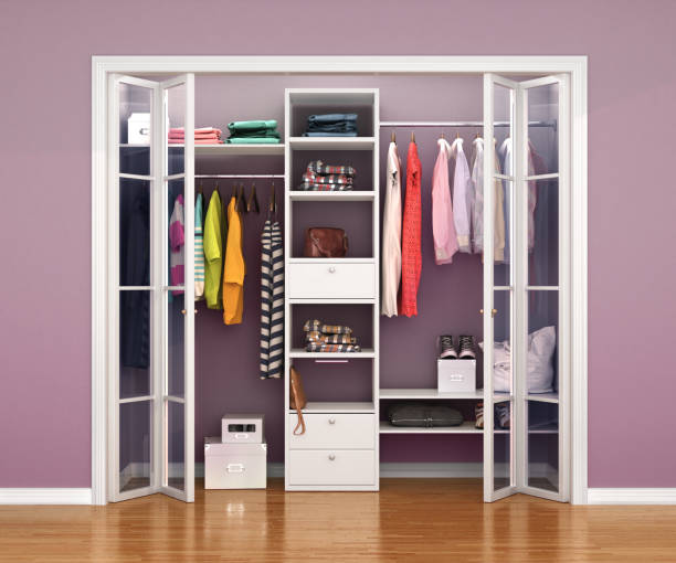 istock Wooden folding doors leading to the dressing room. 3d illustration 1061069742