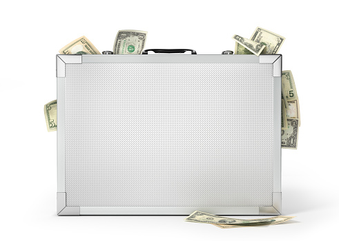 Finance concept. Metal case with money isolated on a white. 3d illustration