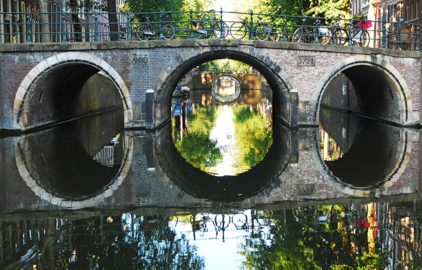 Stone old bridge reflection in the form of a circle in water of a canal in a park, Den Bosch, The Netherlands