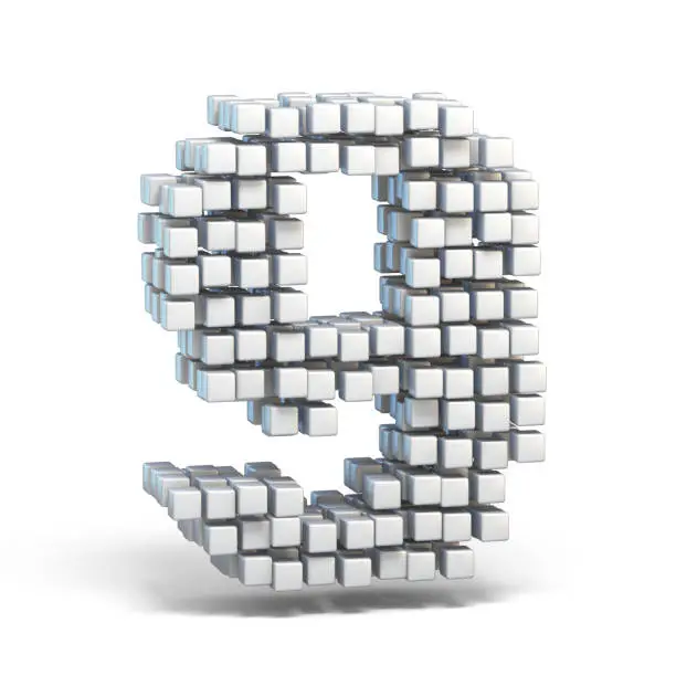 White voxel cubes font Number 9 NINE 3D render illustration isolated on white background