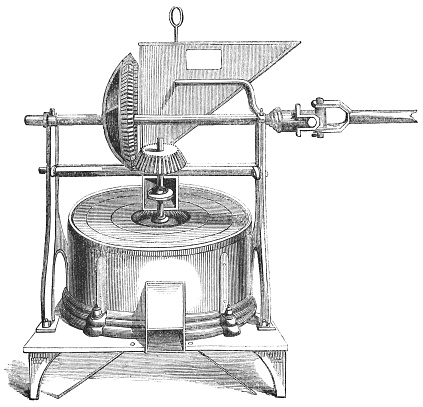Costa Rican coffee grinder (circa 19th century). Vintage etching circa mid 19th century.