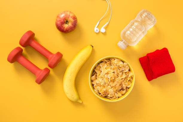 istock Healthy lifestyle flat lay on yellow background 1061075990