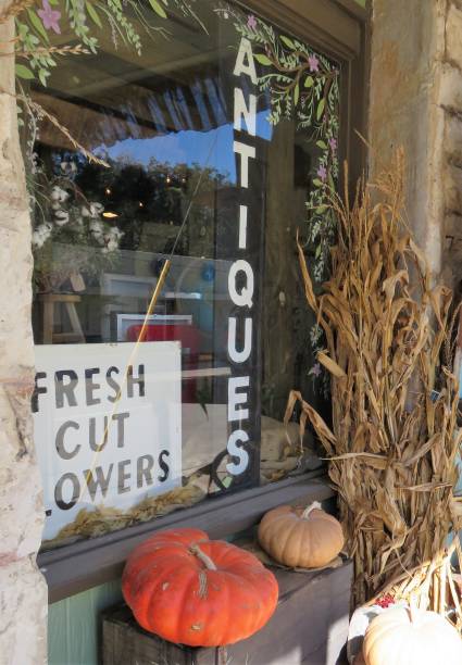 istock Antique & florist shop with pumpkin & corn shock display 1061081068