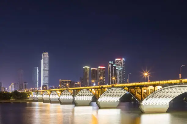 changsha orange island bridge at night, hunan province, China