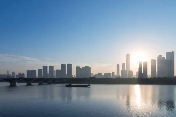 changsha skyline in morning, modern building silhouette on xiangjiang riverside, China