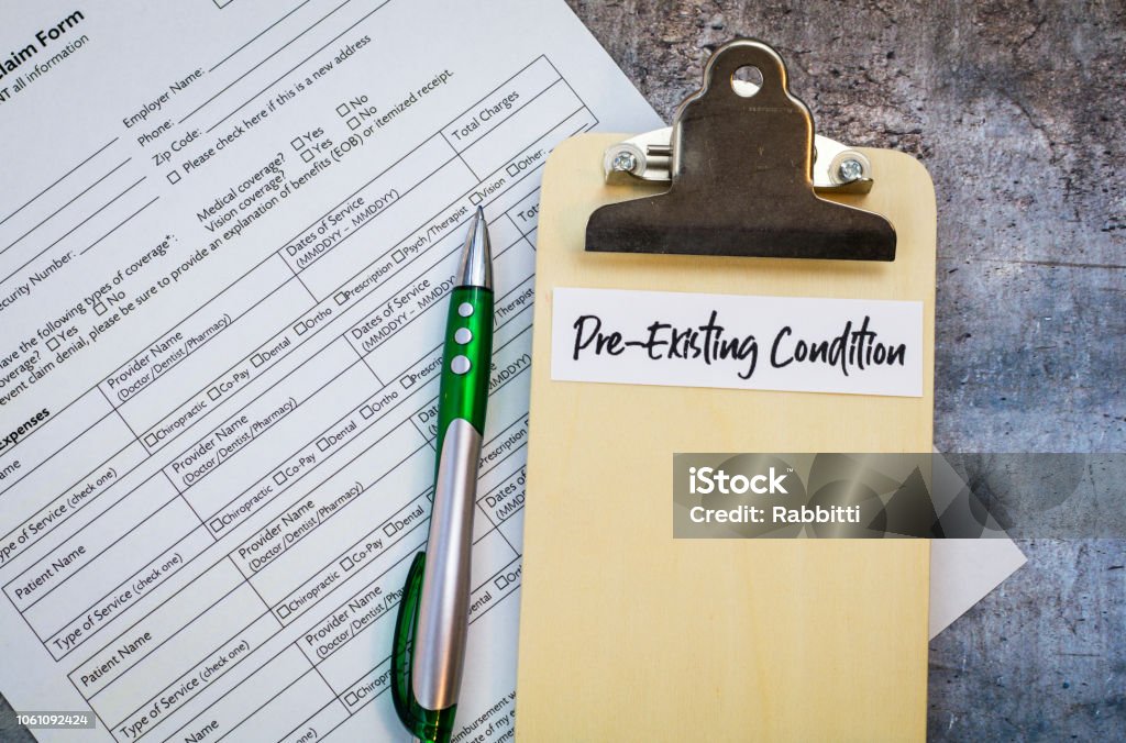 Pre-Existing Condition healthcare concept, flat lay Pre-Existing Condition healthcare concept with pills and money and forms and clipboards, flat lay Condition Stock Photo