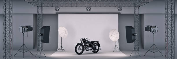 estudio fotográfico con una moto. render 3d - foto de estudio fotos fotografías e imágenes de stock