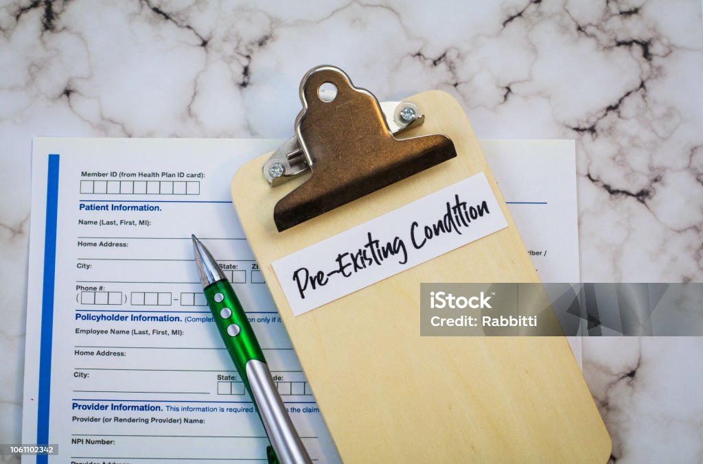 Pre-Existing Condition healthcare concept, flat lay Pre-Existing Condition healthcare concept with pills and money and forms and clipboards, flat lay Condition Stock Photo
