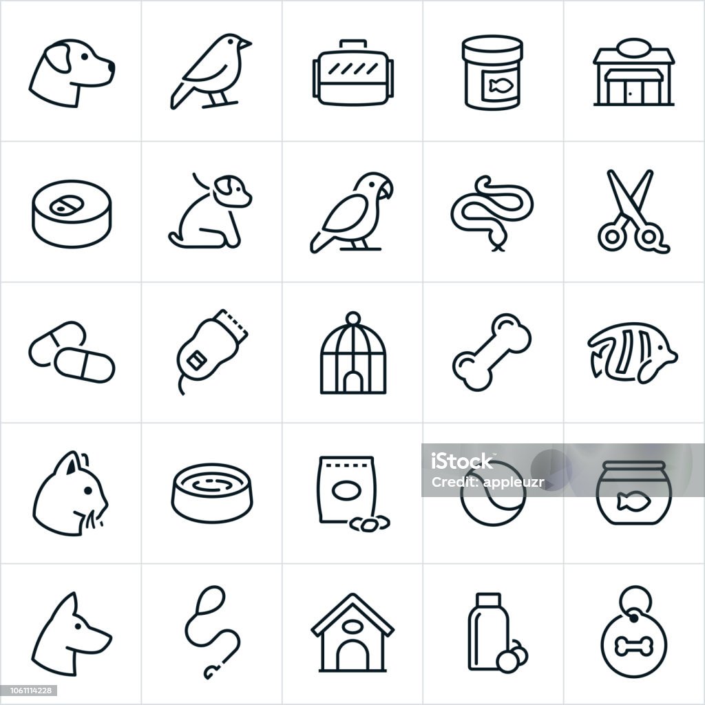 Pet Shop Icons A set of pet shop icons. The icons include a labrador dog, bird, dog kennel, fish food, pet food, shop, store, parrot, snake, grooming, medication, bird cage, dog bone, tropical fish, cat, pet toys, fish, fish bowl, german Shepard, leash, dog house and dog tag to name a few. Icon Symbol stock vector