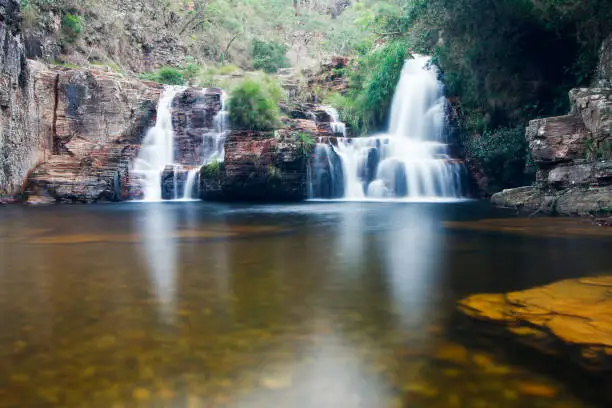 Waterfall with long exposure effect, Grito waterfall, sun trail, Capitolio Minas Gerais, Cachoeira do Grito,