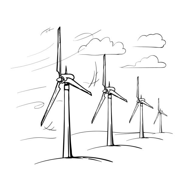 illustrations, cliparts, dessins animés et icônes de parc éolien est un ensemble d’éoliennes situé dans le quartier de responsables énergie verte renouvelable. - wind turbine wind wind power energy