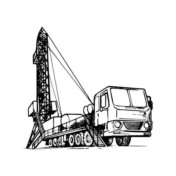 Vector illustration of Mobile oil drilling complex. Sketch style drawing isolated on a white background.