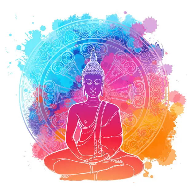Vector illustration of Buddha meditating in the single lotus position. linear drawing Isolated on a bright textured watercolor spot with an intricate thai ornament.