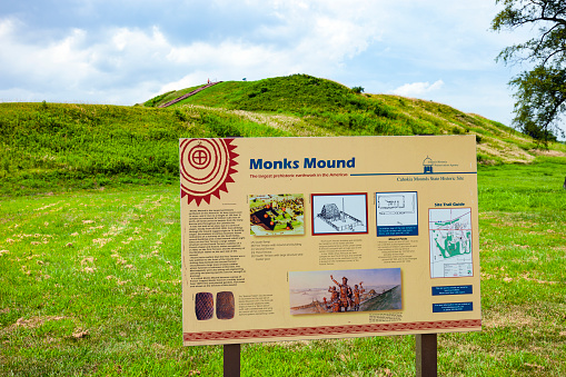 Collinsville, Illinois, USA - July 14, 2018:  Monks Mound is a large Pre-Columbian pyramid and was made by Native Americans around 900-950 CE in what is now Illinois.