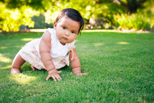 istock Pretty latino girl taking her first crawling steps on soft springtime grass 1061135434