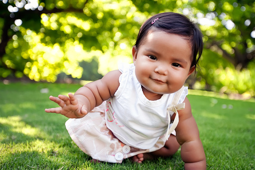 Linda niña con una sonrisa en el rostro, llegando a dar su primer paso gateando sobre un césped verde enorme en un parque al aire libre, de mestizo étnico. photo