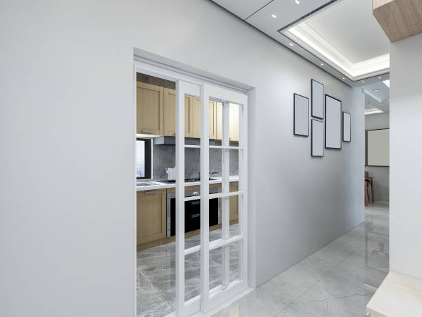 istock Home hallway design with sliding glass doors connected to the kitchen 1061135736