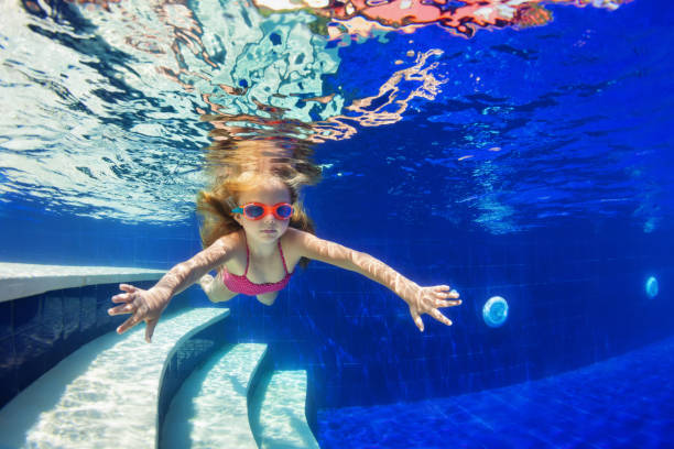 istock Funny child in goggles dive in swimming pool 1061147754