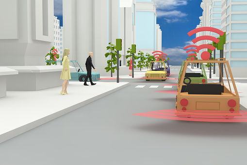 Autonomous, Self Driving, Driverless, Connected Cars with wireless icons and sensors  in city life. Smart City Concept.