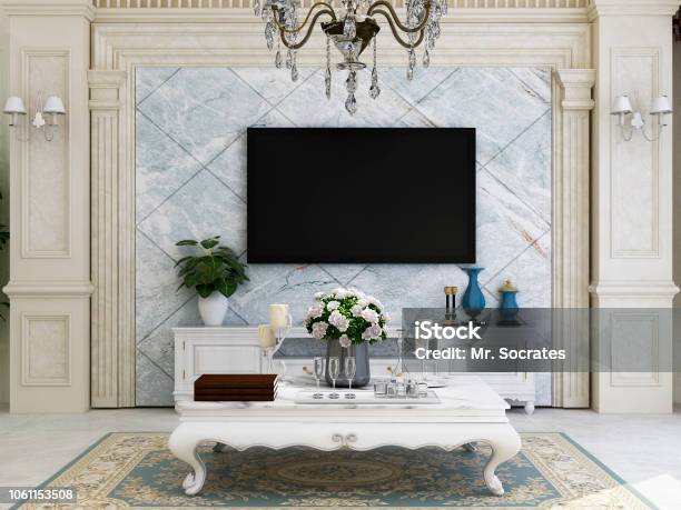 Luxurious European Retro Style Living Room With Leather Sofa Coffee Table Tv And Green Plants And Other Decorations White Tones Stock Photo - Download Image Now