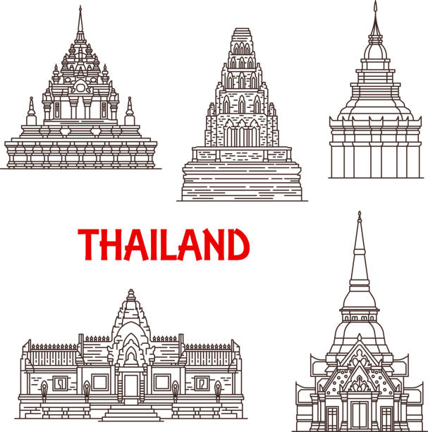 Thailand Ayutthaya and Hua Hin landmark icons Thailand famous historic Buddhist landmark temples. Vector Wat Phra Borommathat in Ayutthaya, Prasat Phanom Rung in Buriram, Chama Thewi and golden Pagoda and Hua Hin Khao Takiab wat stock illustrations