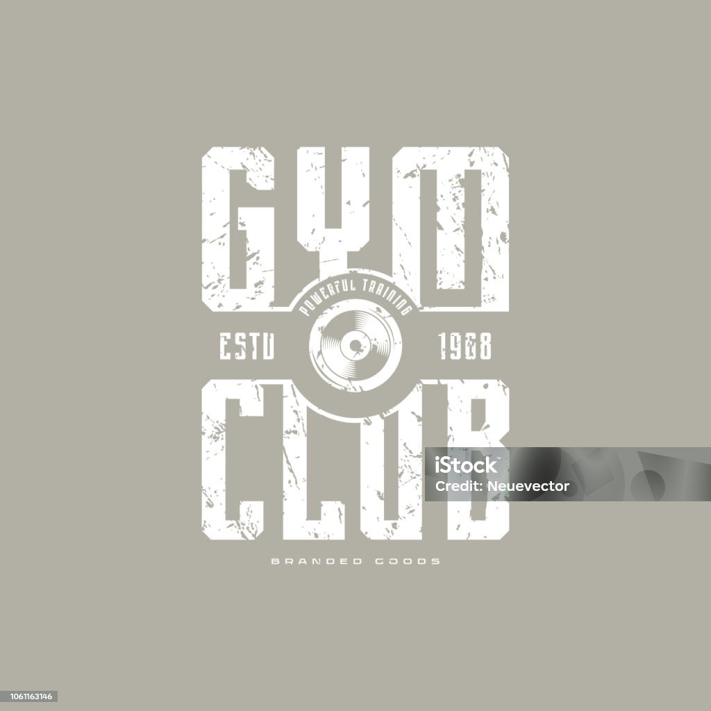 Gym club emblem for t-shirt Gym club emblem for t-shirt. Graphic design with vintage texture. White print on gray background Anaerobic Exercise stock vector