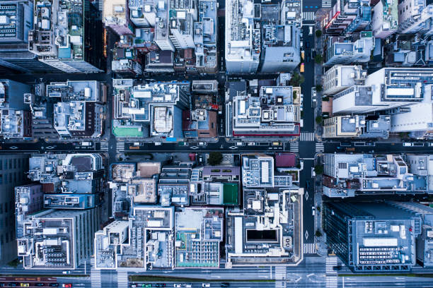 aerial view in urban areas. - office building car industrial district business imagens e fotografias de stock