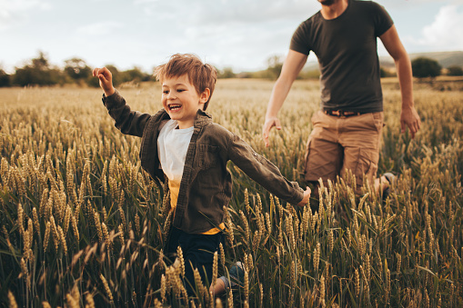 Photo of a cheerful little boy, running down the wheat field with his father  chasing him