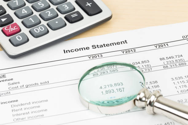 istock Income statement financial report with magnifier, and calculator 1061169968
