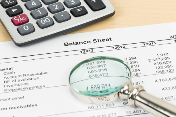 istock Balance sheet financial report with magnifier, and calculator 1061169976