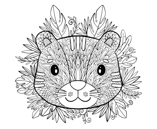 Vector illustration of Coloring Pages. Coloring Book for adults. Beautiful template with artwork. School education.Animal tiger and tropical plants.